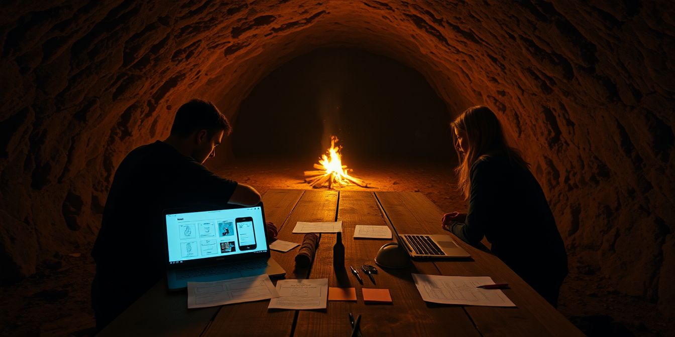 Two people planning an app at a long table in a cave studio, laptops and sketches between them, a campfire behind