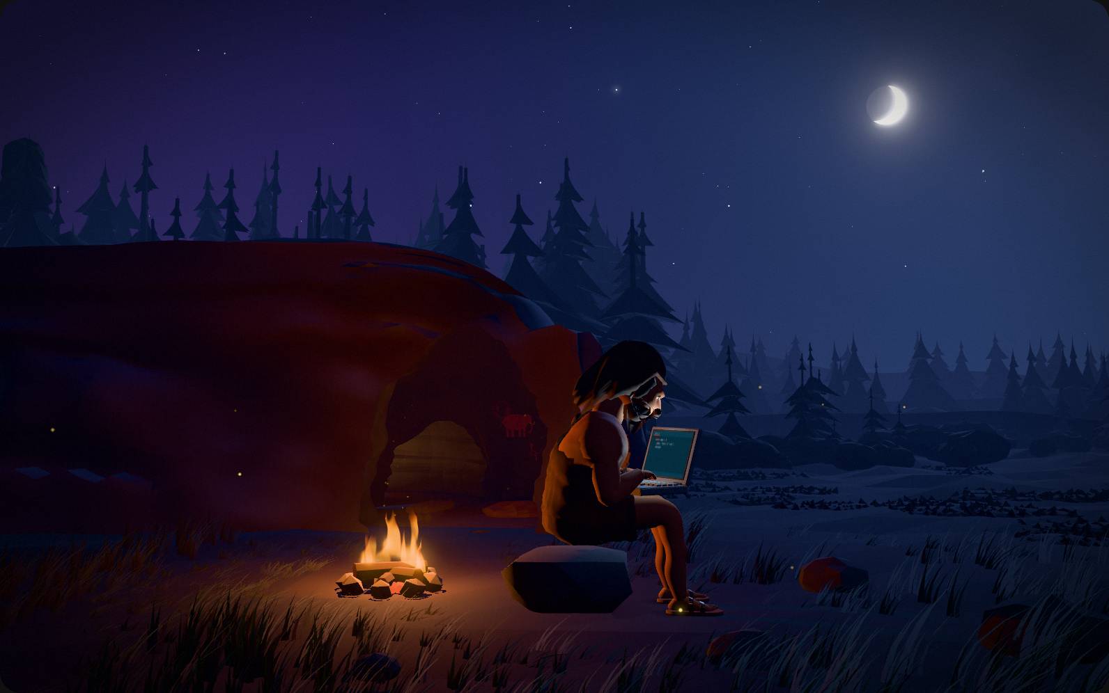 Our caveman at his stone laptop under the night sky