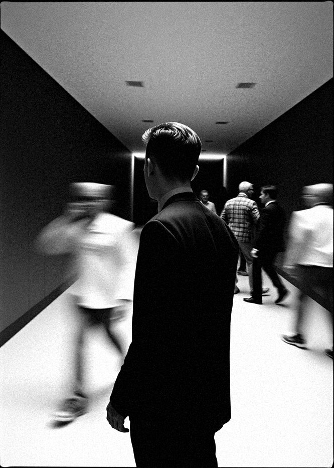 A man standing still in a moving crowd